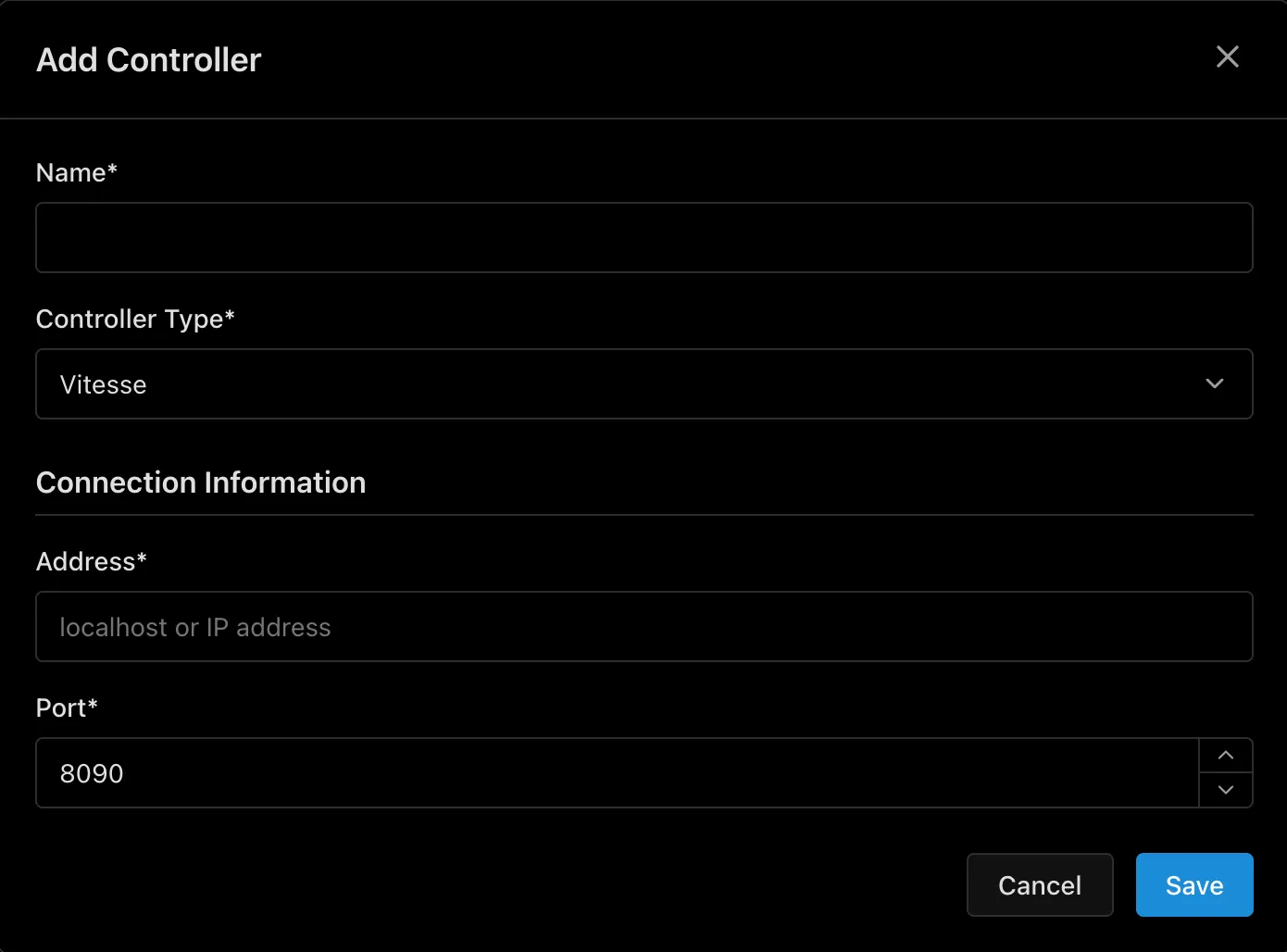 Add Controller dialog - select type and enter connection details