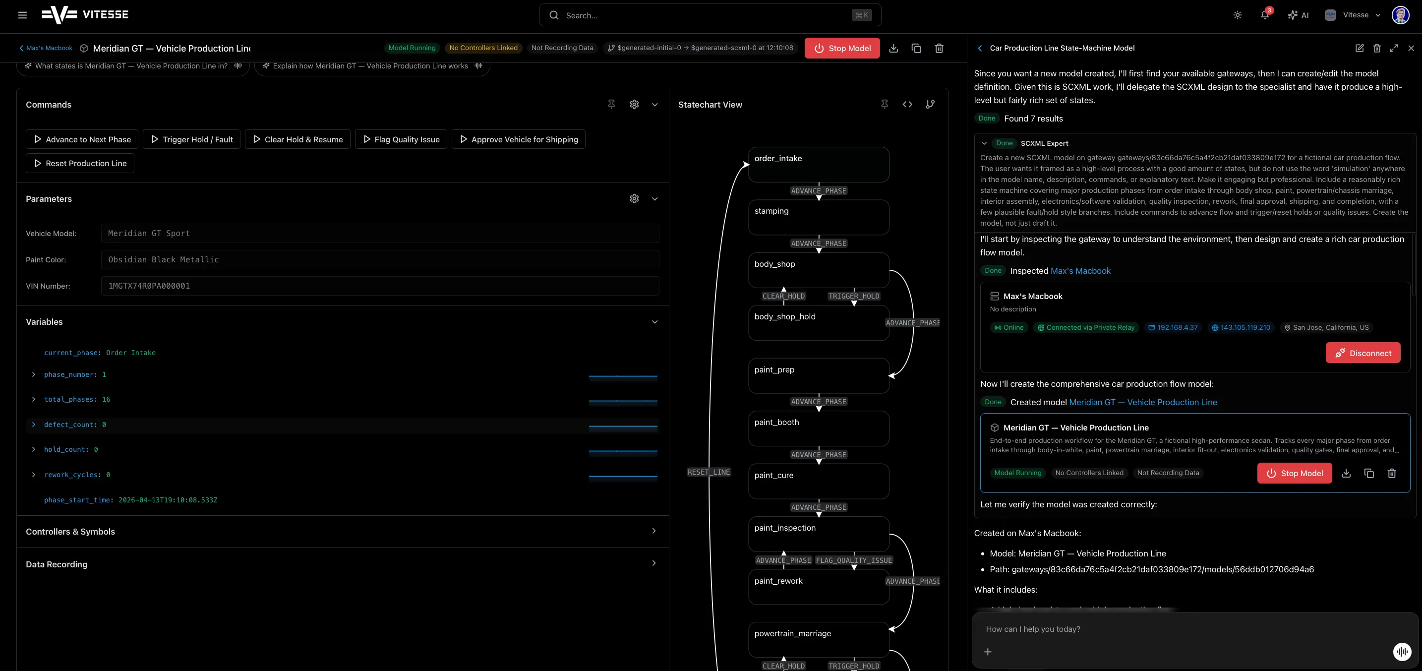 AI creating a model - conversation with statechart preview and deployment