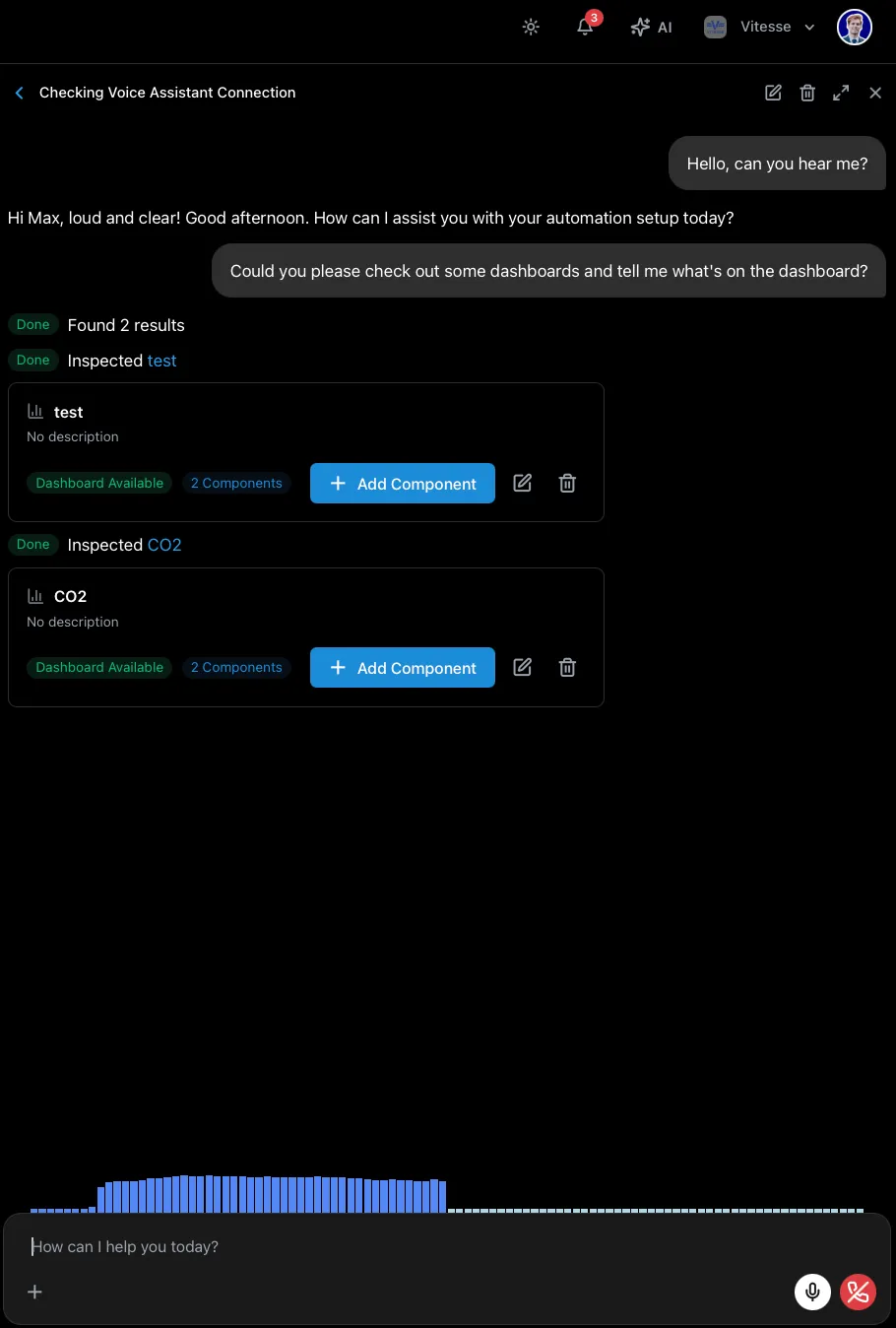 AI conversation with tool call cards and voice mode