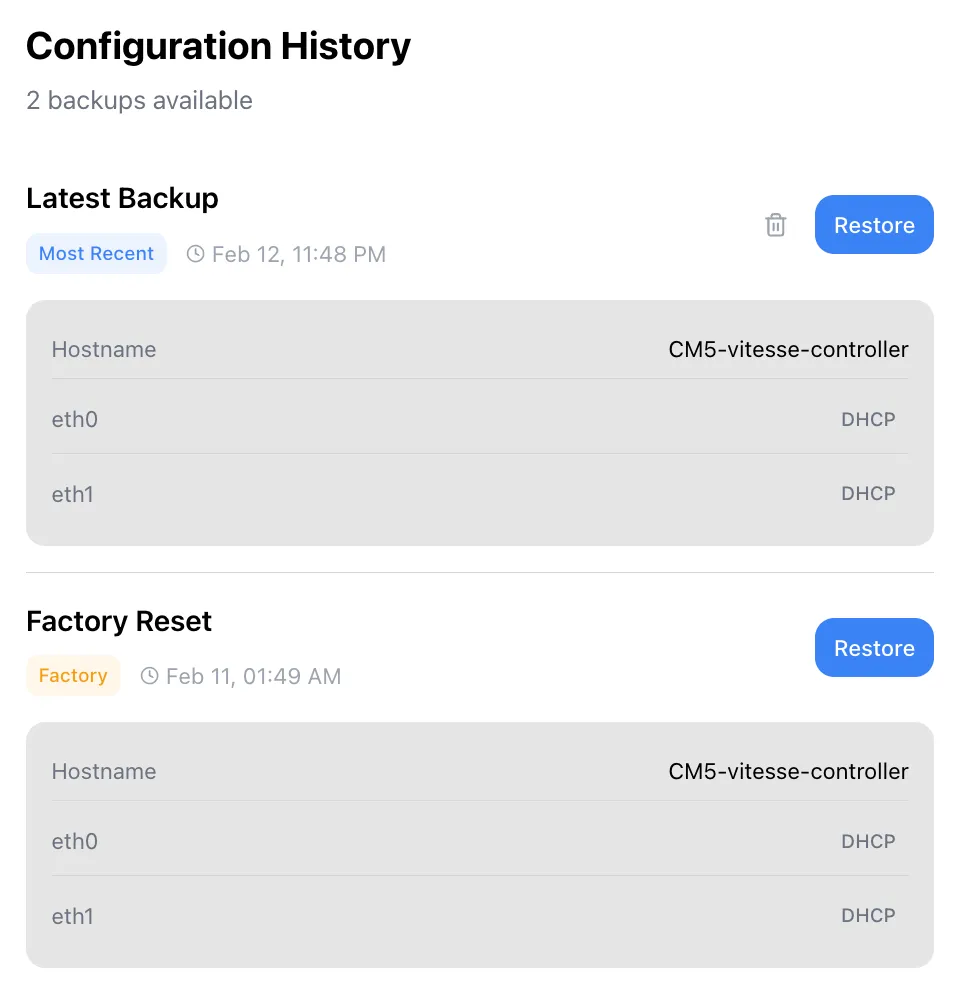 Configuration History - backup and restore options