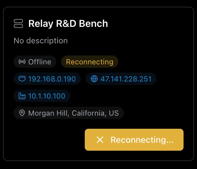 Relay card - IP addresses, location, connection status