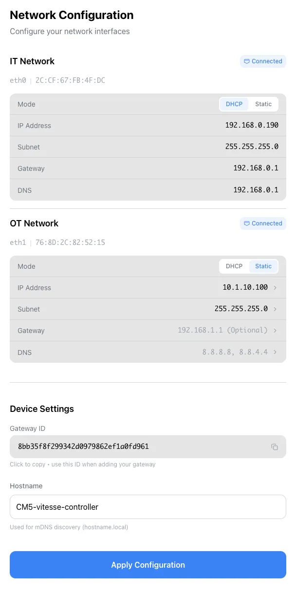 Network Configuration - IT and OT network settings