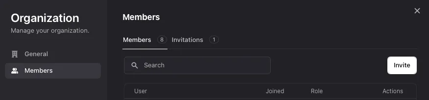Organization Members panel with Invite button