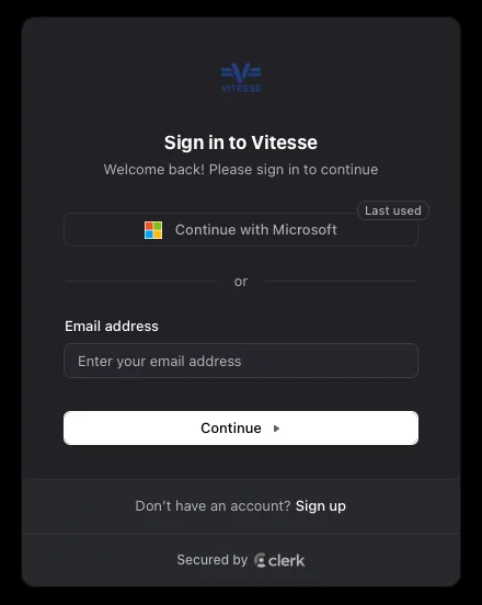 Sign in to Vitesse - choose Microsoft, Google, or email