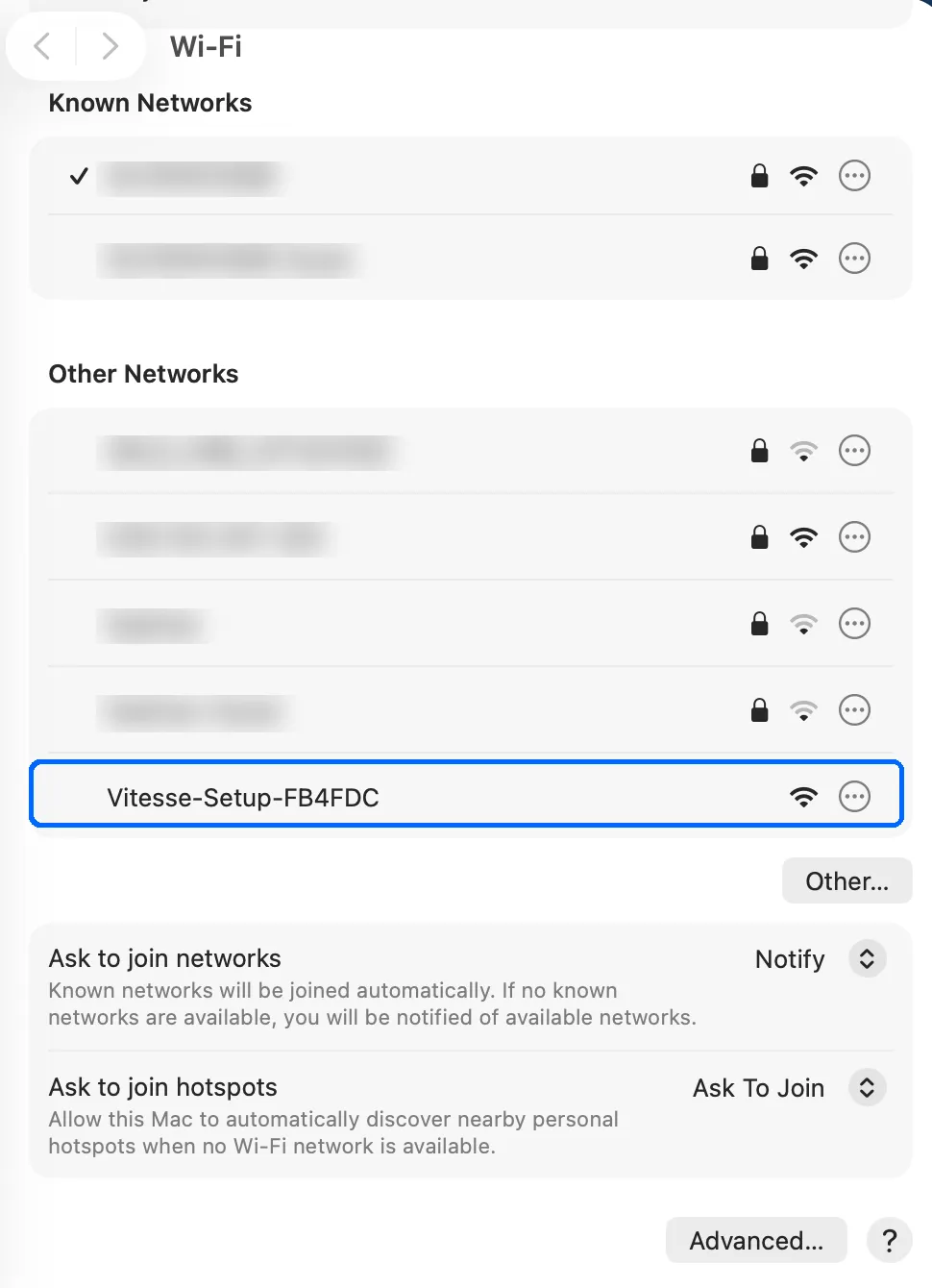 Wi‑Fi settings showing the Vitesse-Setup hotspot